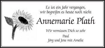 Traueranzeige von Annemarie Plath von Schwäbische Post