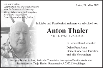 Traueranzeige von Anton Thaler von Schwäbische Post