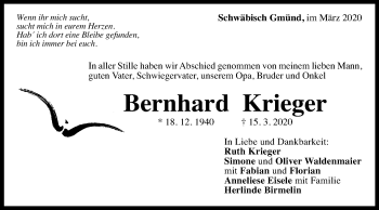 Traueranzeige von Bernhard Krieger von Gmünder Tagespost