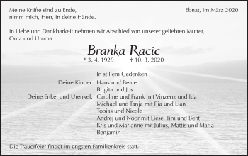 Traueranzeige von Branka Racic von Schwäbische Post