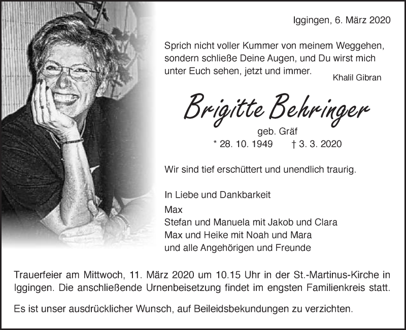  Traueranzeige für Brigitte Behringer vom 07.03.2020 aus Gmünder Tagespost