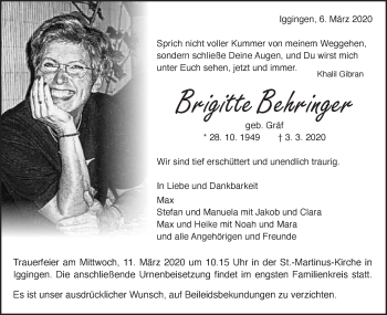 Traueranzeige von Brigitte Behringer von Gmünder Tagespost