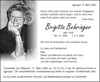 Traueranzeige von Brigitte Behringer