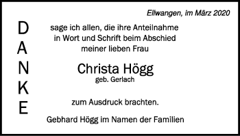 Traueranzeige von Christa Högg von Schwäbische Post