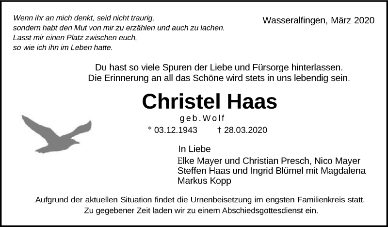  Traueranzeige für Christel Haas vom 30.03.2020 aus Schwäbische Post