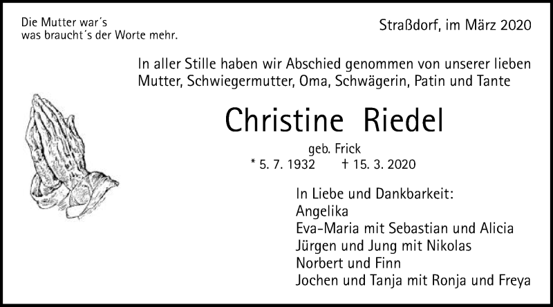  Traueranzeige für Christine Riedel vom 19.03.2020 aus Gmünder Tagespost