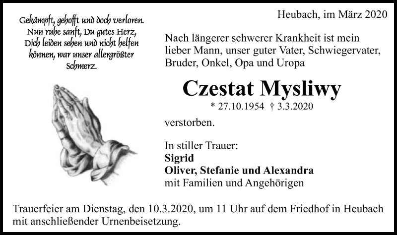  Traueranzeige für Czestat Mysliwy vom 06.03.2020 aus Gmünder Tagespost