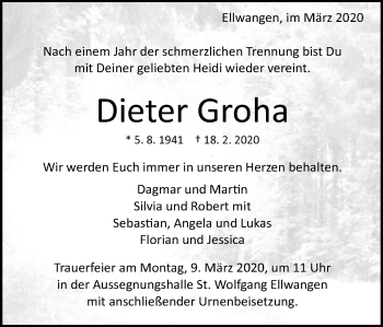 Traueranzeige von Dieter Groha von Schwäbische Post