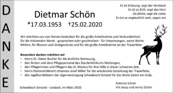 Traueranzeige von Dietmar Schön von Gmünder Tagespost