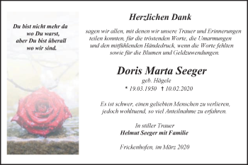 Traueranzeige von Doris Marta Seeger von Gmünder Tagespost