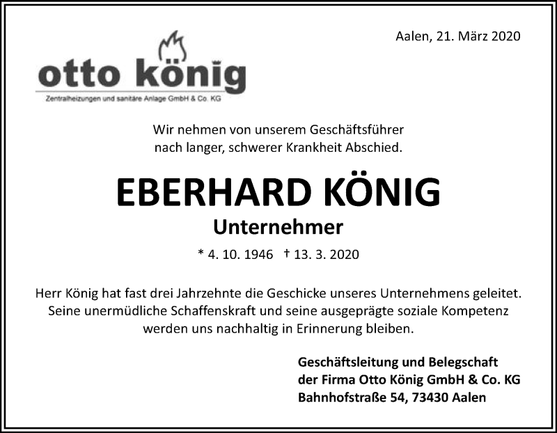  Traueranzeige für Eberhard König vom 21.03.2020 aus Schwäbische Post