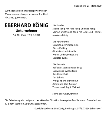 Traueranzeige von Eberhard König von Schwäbische Post