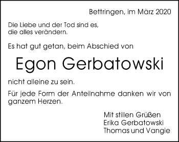 Traueranzeige von Egon Gerbatowski von Gmünder Tagespost