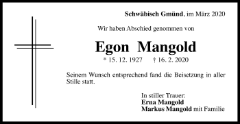 Traueranzeige von Egon Mangold von Gmünder Tagespost