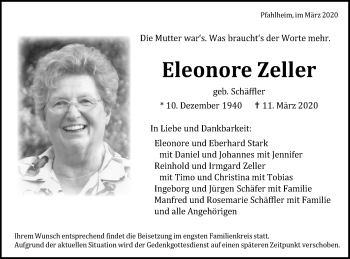 Traueranzeige von Eleonore Zeller von Schwäbische Post