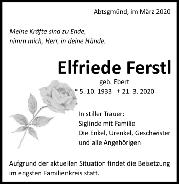 Traueranzeige von Elfriede Ferstl von Schwäbische Post
