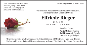 Traueranzeige von Elfriede Rieger von Schwäbische Post