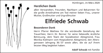 Traueranzeige von Elfriede Schwab von Schwäbische Post