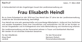 Traueranzeige von Elisabeth Heindl von Schwäbische Post