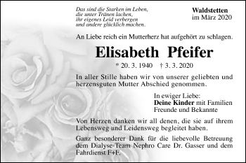 Traueranzeige von Elisabeth Pfeifer von Gmünder Tagespost