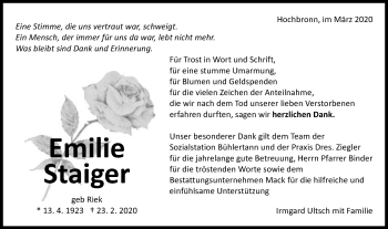Traueranzeige von Emilie Staiger von Schwäbische Post