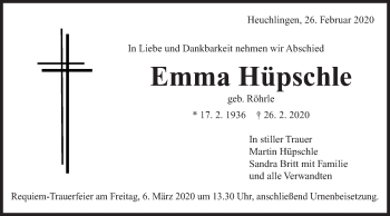 Traueranzeige von Emma Hüpschle von Gmünder Tagespost