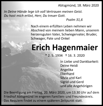 Traueranzeige von Erich Hagenmaier von Schwäbische Post