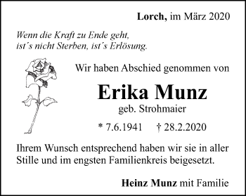 Traueranzeige von Erika Munz von Gmünder Tagespost