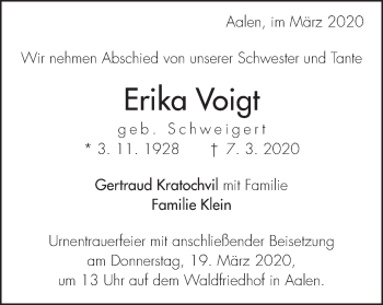 Traueranzeige von Erika Voigt von Schwäbische Post