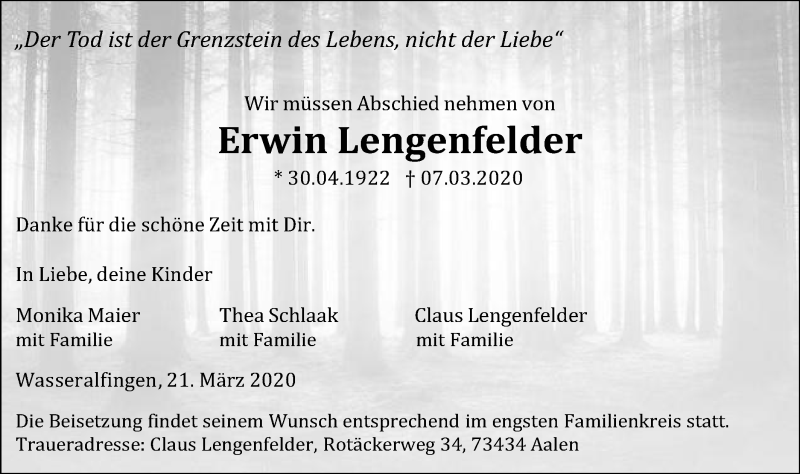  Traueranzeige für Erwin Lengenfelder vom 21.03.2020 aus Schwäbische Post