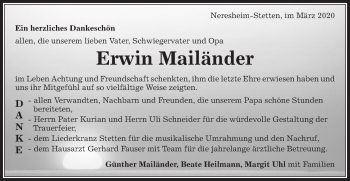Traueranzeige von Erwin Mailänder von Schwäbische Post