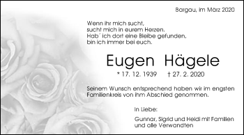 Traueranzeige von Eugen Hägele von Gmünder Tagespost