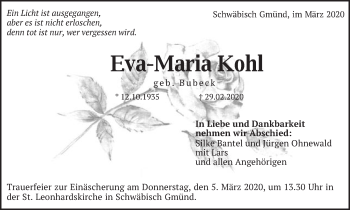 Traueranzeige von Eva-Maria Kohl von Gmünder Tagespost