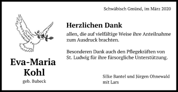 Traueranzeige von Eva-Maria Kohl von Gmünder Tagespost