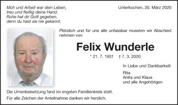 Traueranzeige von Felix Wunderle von Schwäbische Post