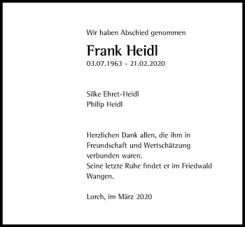 Traueranzeige von Frank Heidl von Gmünder Tagespost
