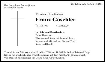 Traueranzeige von Franz Goschler von Gmünder Tagespost