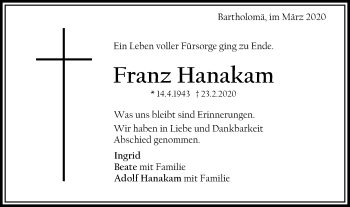 Traueranzeige von Franz Hanakam von Gmünder Tagespost