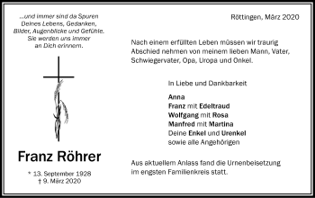 Traueranzeige von Franz Röhrer von Schwäbische Post