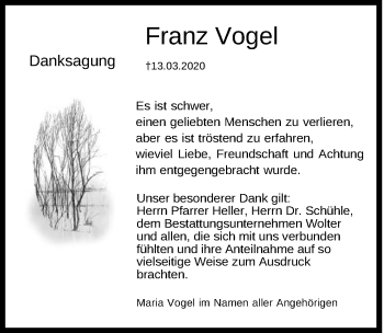 Traueranzeige von Franz Vogel von Schwäbische Post