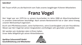 Traueranzeige von Franz Vogel von Schwäbische Post