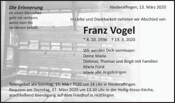 Traueranzeige von Franz Vogel von Schwäbische Post
