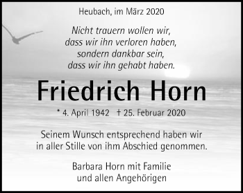 Traueranzeige von Friedrich Horn von Schwäbische Post