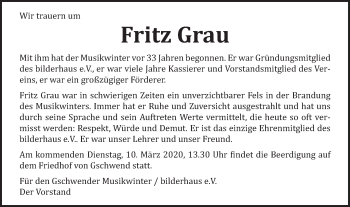 Traueranzeige von Fritz Grau von Gmünder Tagespost