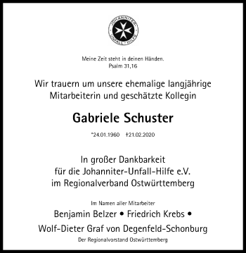 Traueranzeige von Gabriele Schuster von Schwäbische Post