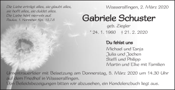 Traueranzeige von Gabriele Schuster von Schwäbische Post