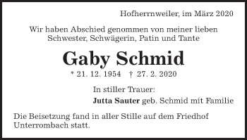 Traueranzeige von Gaby Schmid von Schwäbische Post