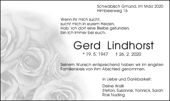 Traueranzeige von Gerd Lindhorst von Gmünder Tagespost