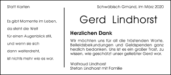 Traueranzeige von Gerd Lindhorst von Gmünder Tagespost