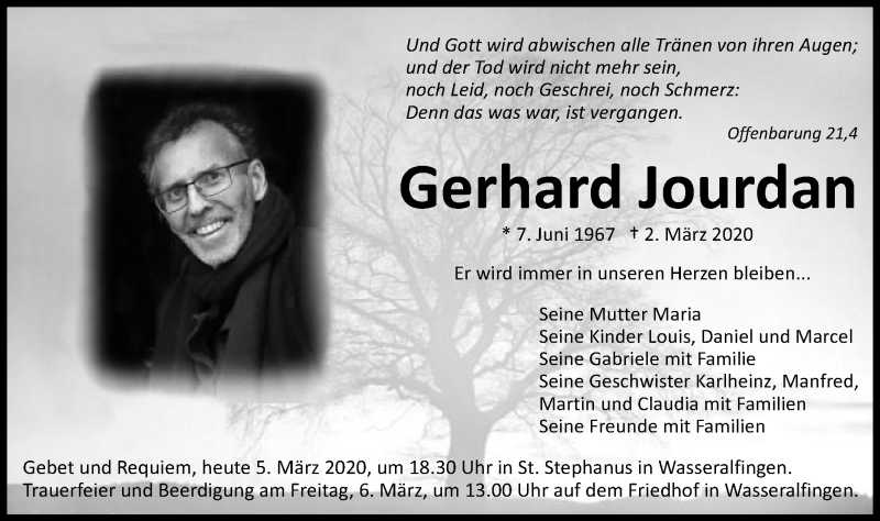  Traueranzeige für Gerhard Jourdan vom 05.03.2020 aus Schwäbische Post